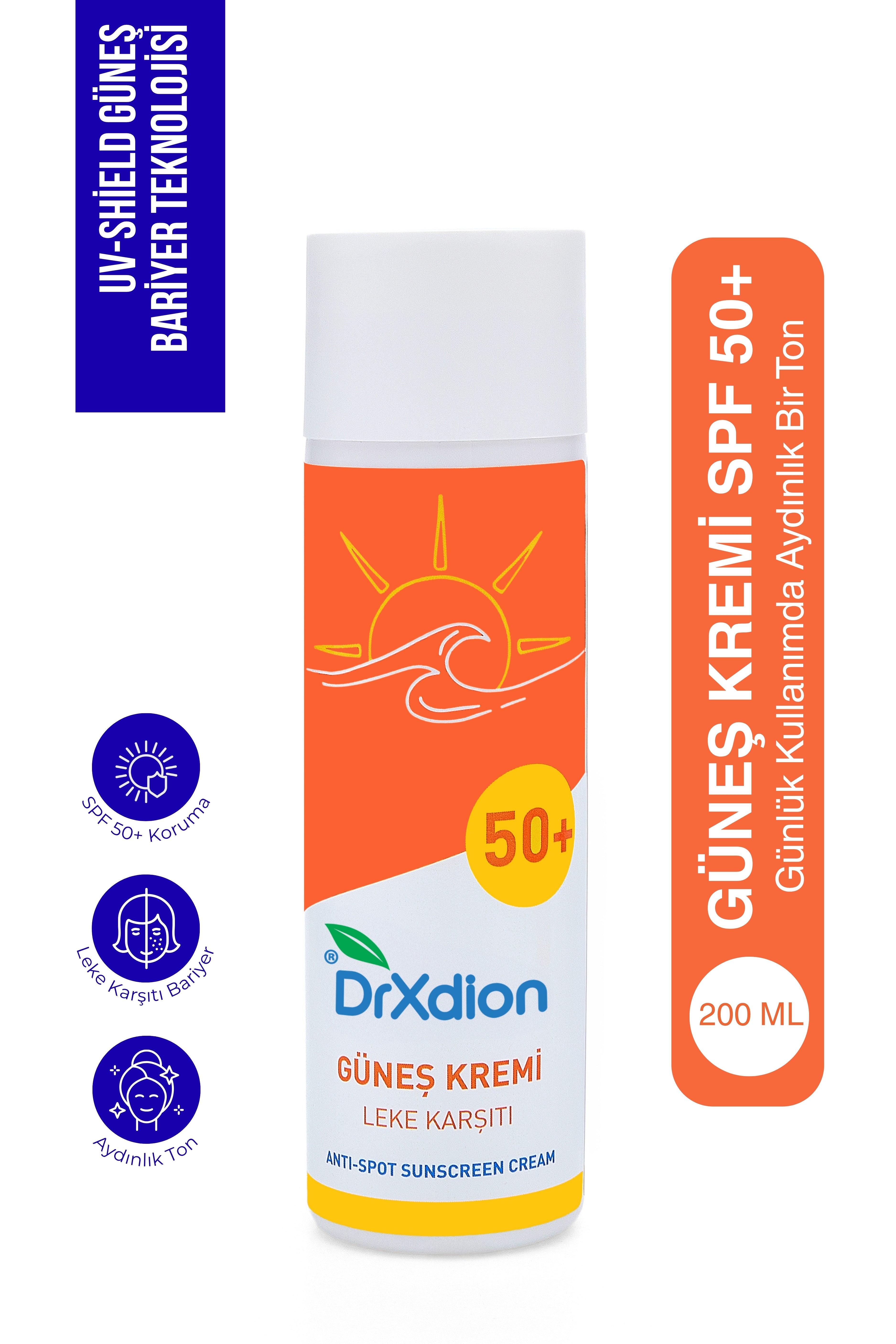DrXdion Güneş Koruma Kremi 50+ SPF UVA/UVB Koruyucu, Yoğun Nemlendirici, Leke Karşıtı Bitkisel Formül (200 ml)