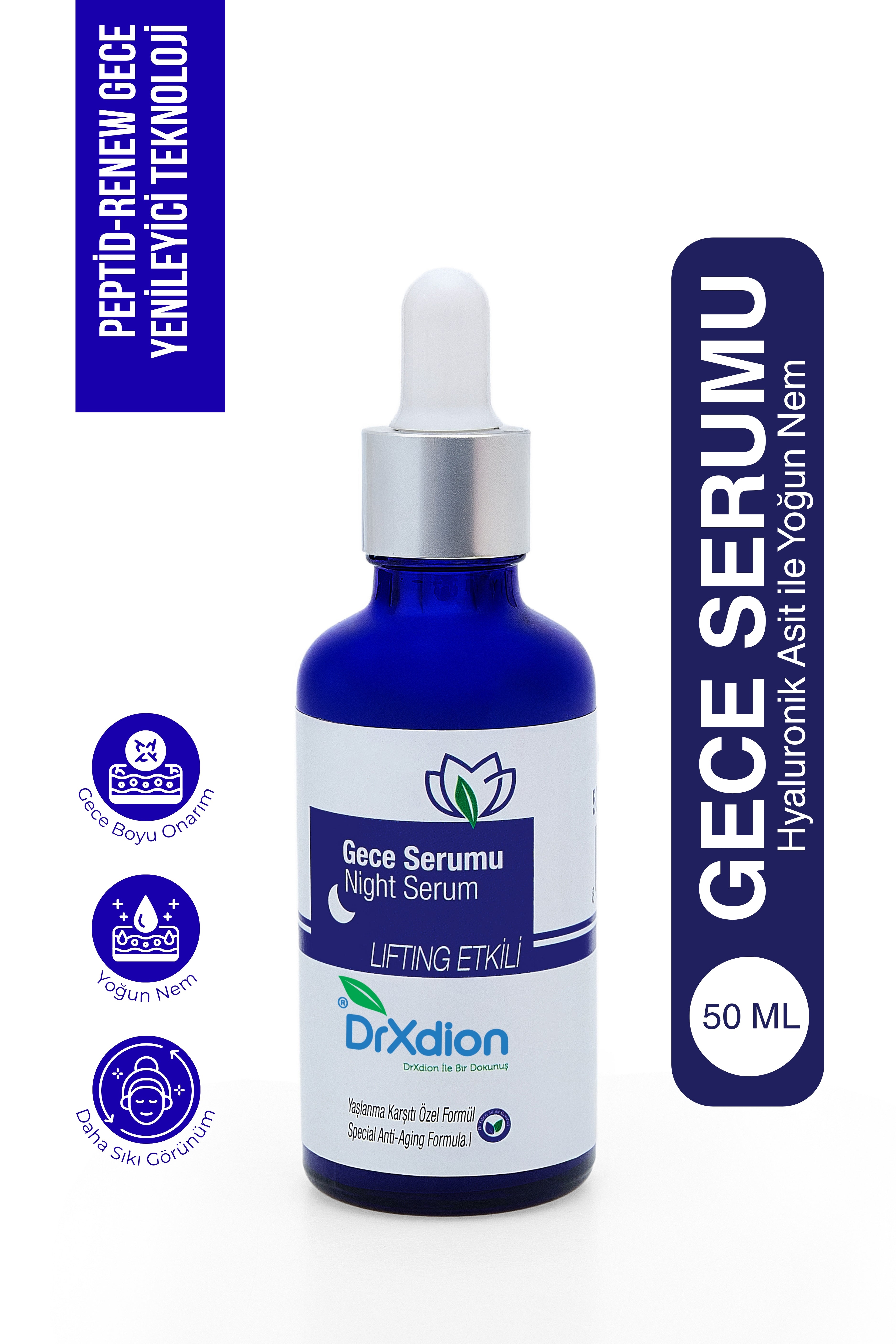 DrXdion Gece Cilt Bakım Serumu Centella Asiatica, Panthenol (B5), Hyaluronik Asit, Lifting Etkili Yoğun Nemlendirici Gece Formülü (50 ml)