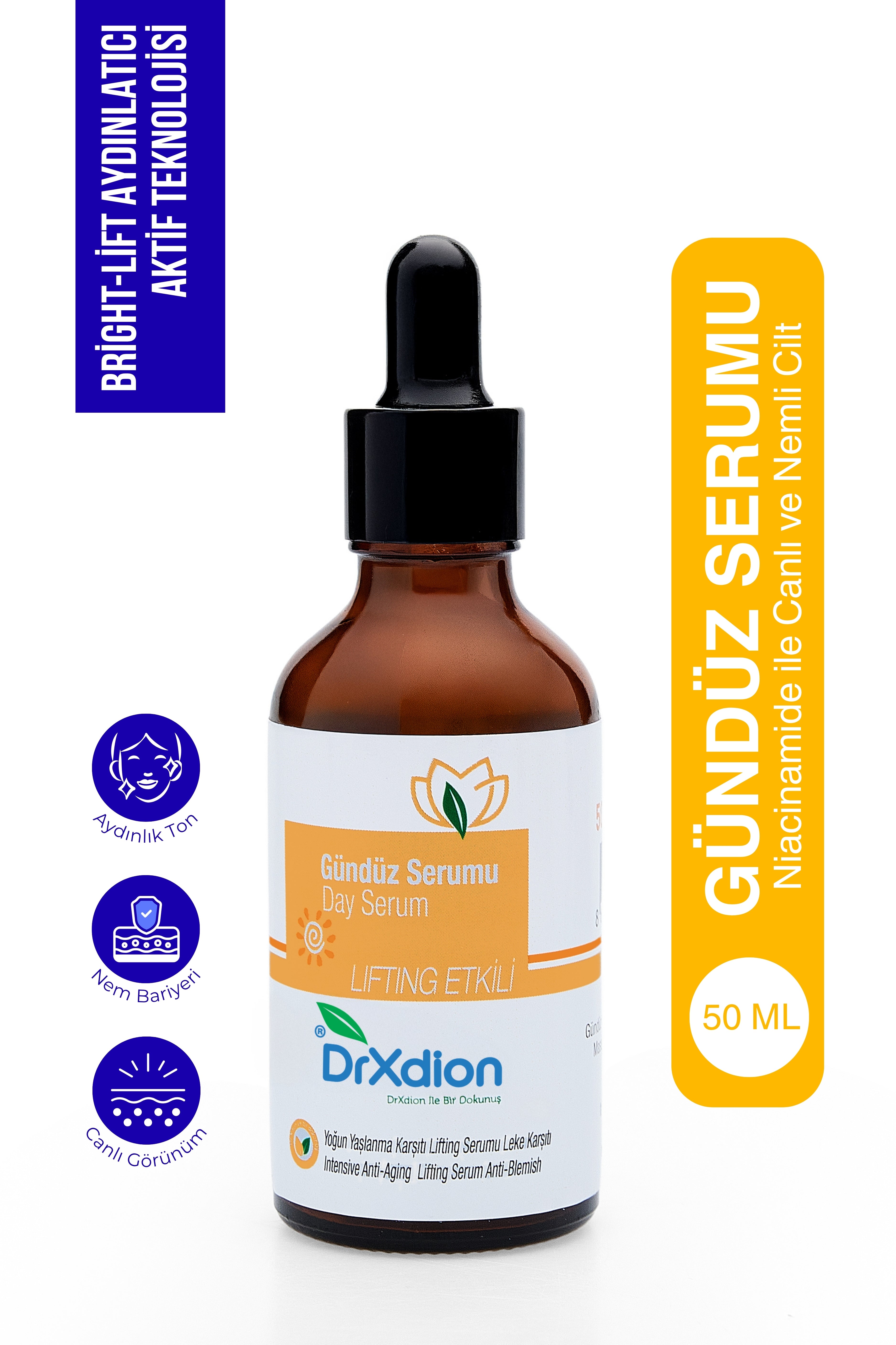 DrXdion Gündüz Cilt Bakım Serumu Hyaluronic Asit, Kolajen, Leke Karşıtı Aydınlatıcı Formül (50ml)