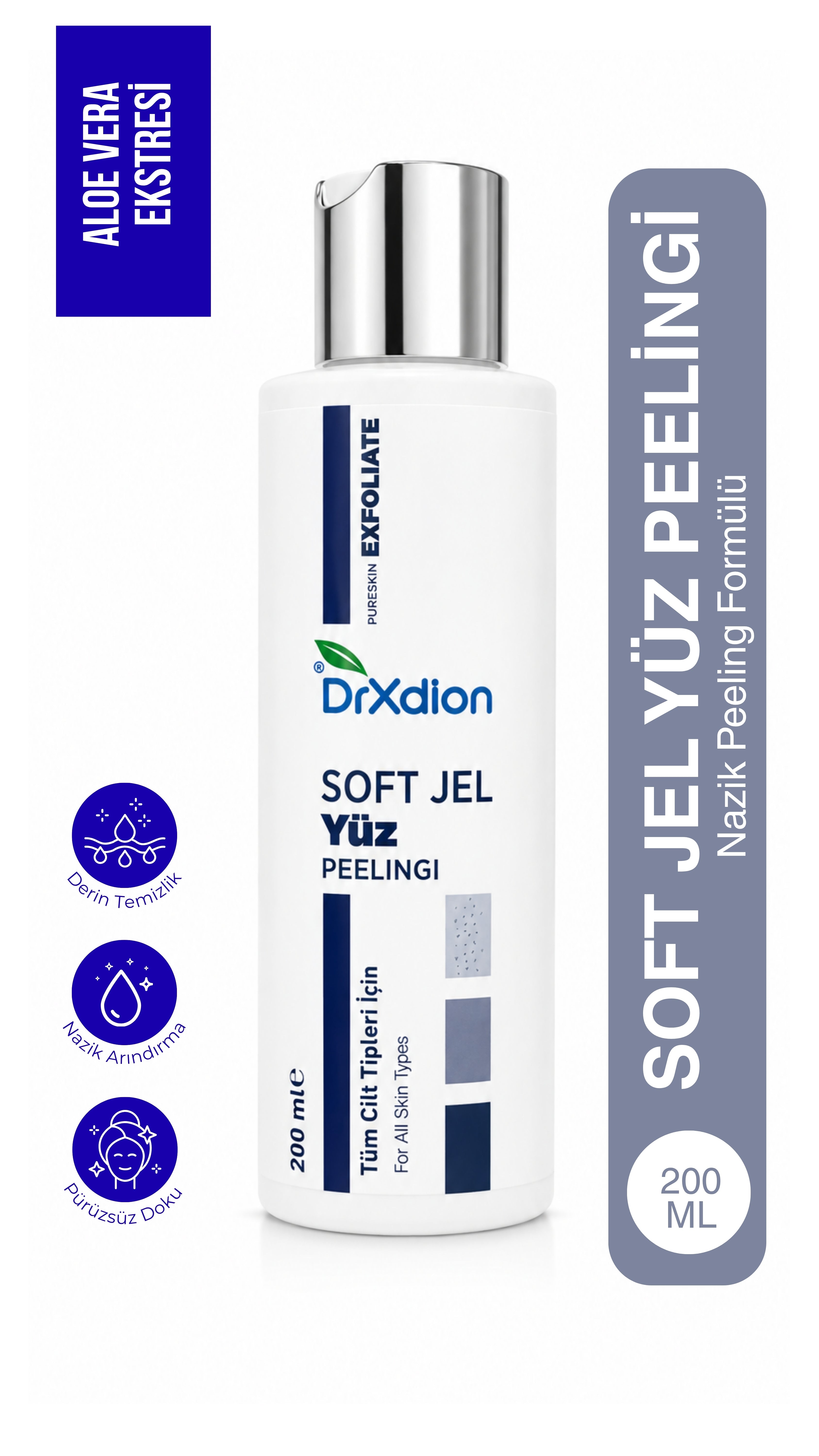 DrXdion PureSkin Exfoliate Soft Jel Yüz Peelingi – Panthenol & Aloe Vera – Tüm Cilt Tipleri – 200 ml