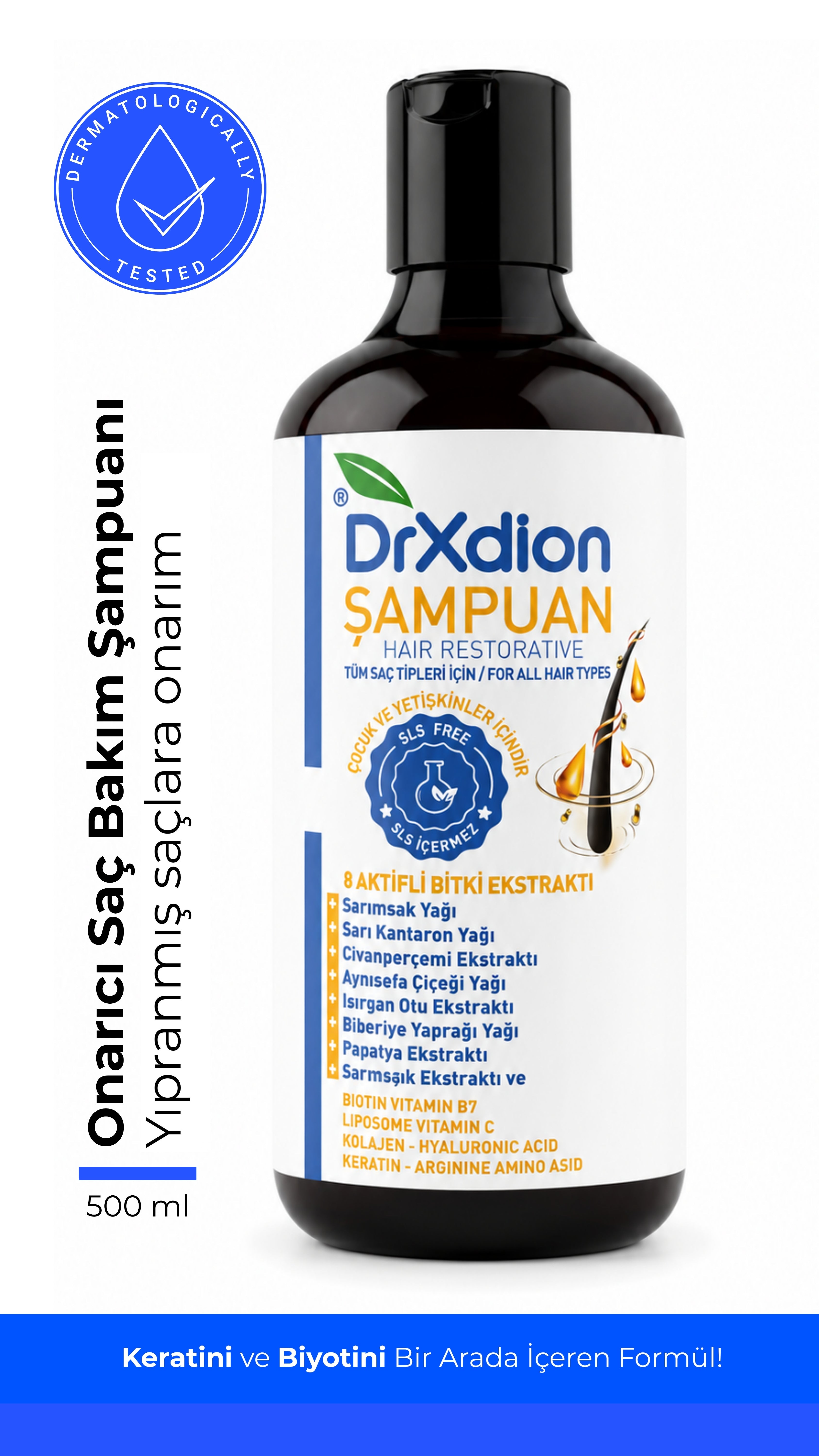 DrXdion Hair Restorative Şampuan – 8 Bitkisel Aktif + Keratin, Biotin & Arginine – SLS İçermez – Tüm Saç Tipleri – 500 ml
