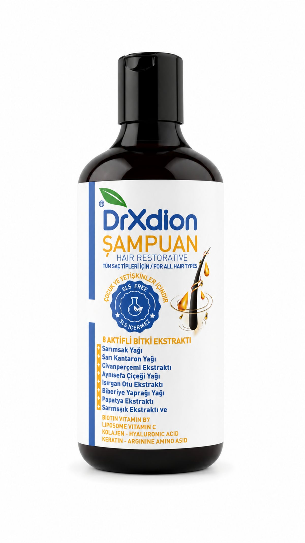 DrXdion Hair Restorative Şampuan – 8 Bitkisel Aktif + Keratin, Biotin & Arginine – SLS İçermez – Tüm Saç Tipleri – 500 ml