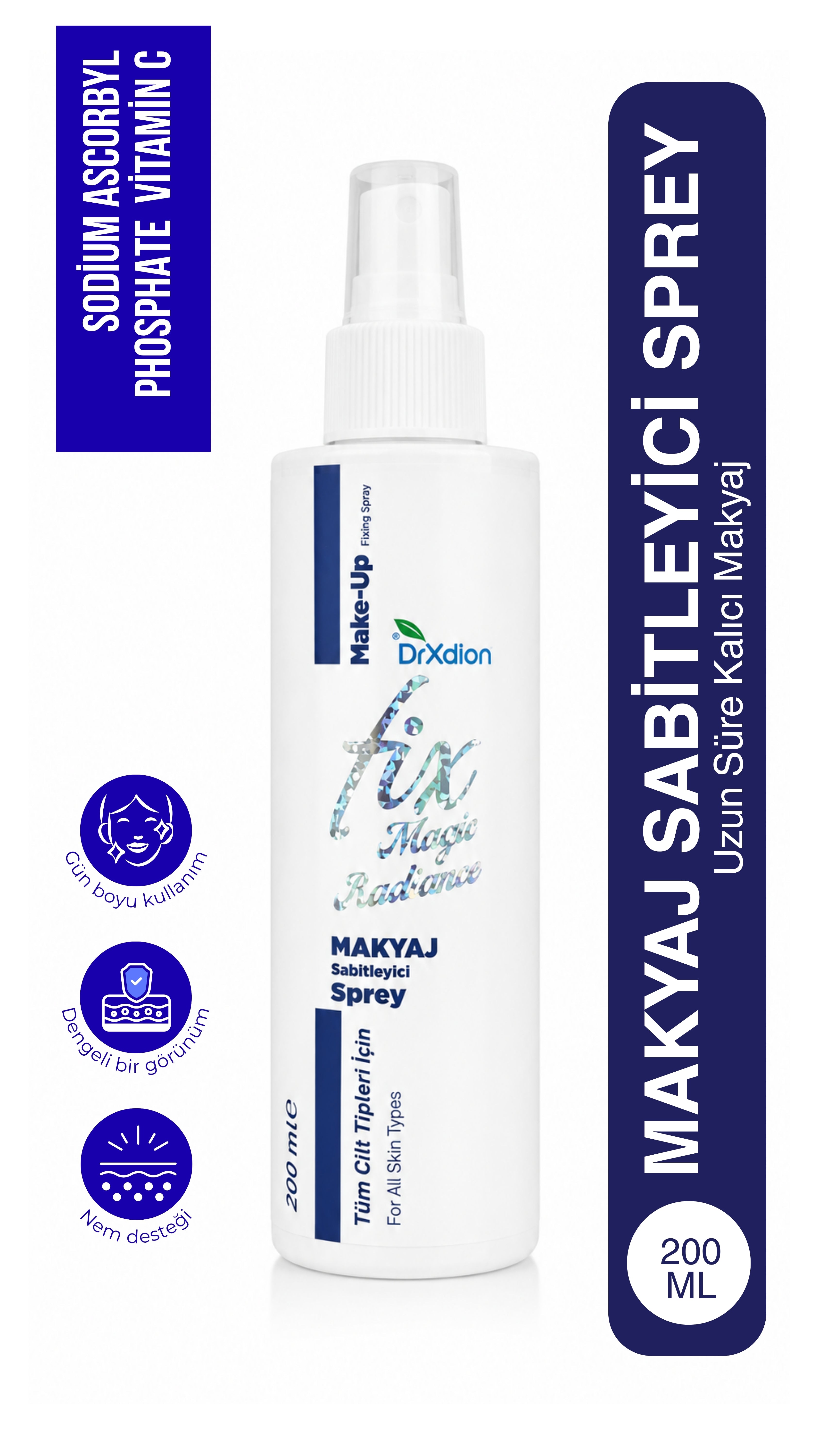 DrXdion Fix Magic Radiance Makyaj Sabitleyici Sprey – Uzun Süre Kalıcılık & Ferah His – Tüm Cilt Tipleri – 200 ml