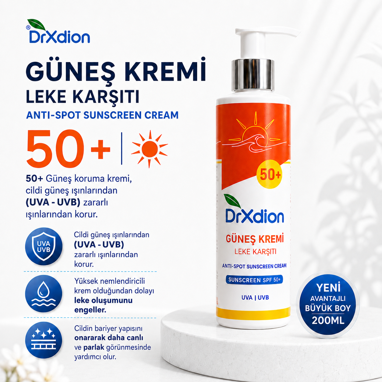 DrXdion Güneş Koruma Kremi 50+ SPF UVA/UVB Koruyucu, Yoğun Nemlendirici, Leke Karşıtı Bitkisel Formül (200 ml)