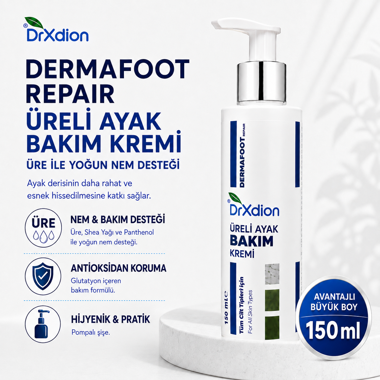 DrXdion Dermafoot Repair Üreli Ayak Bakım Kremi – Üre, Shea Yağı & Panthenol – Kuru ve Çatlak Ayaklar İçin – 150 ml
