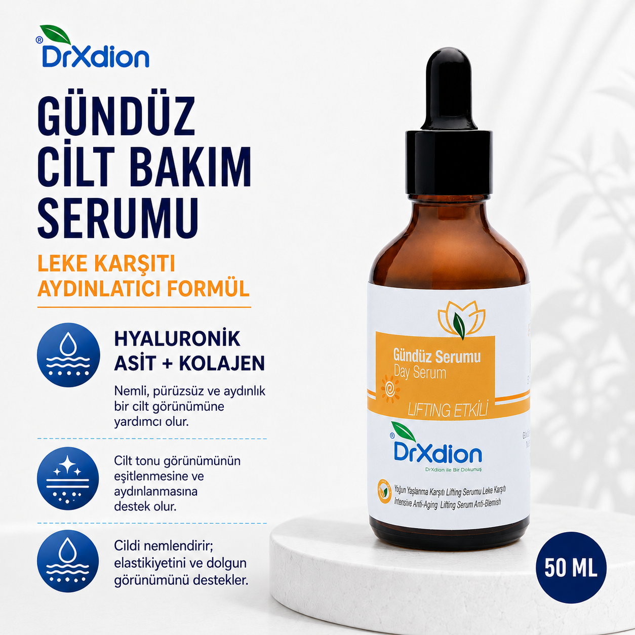 DrXdion Gündüz Cilt Bakım Serumu Hyaluronic Asit, Kolajen, Leke Karşıtı Aydınlatıcı Formül (50ml)