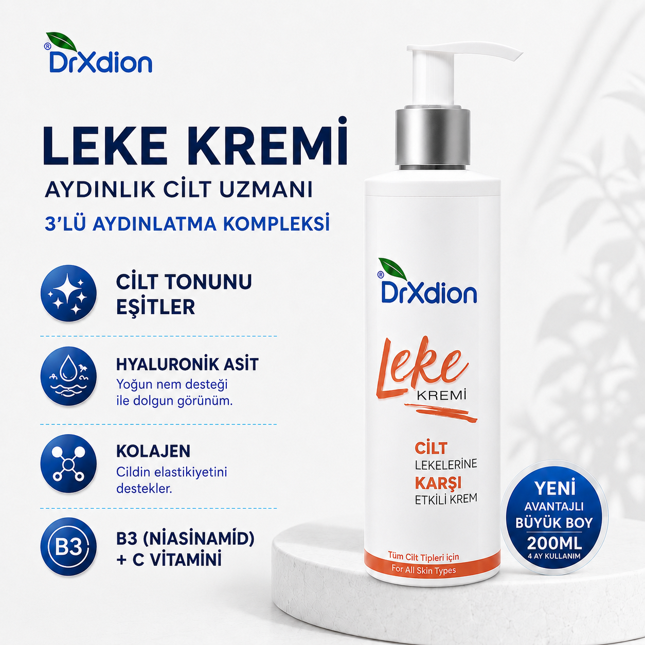 DrXdion Leke Karşıtı Aydınlatıcı Krem Niacinamide, Arbutin Vitamin C, Kojic Asit, Ferulic Asit (200 ml)