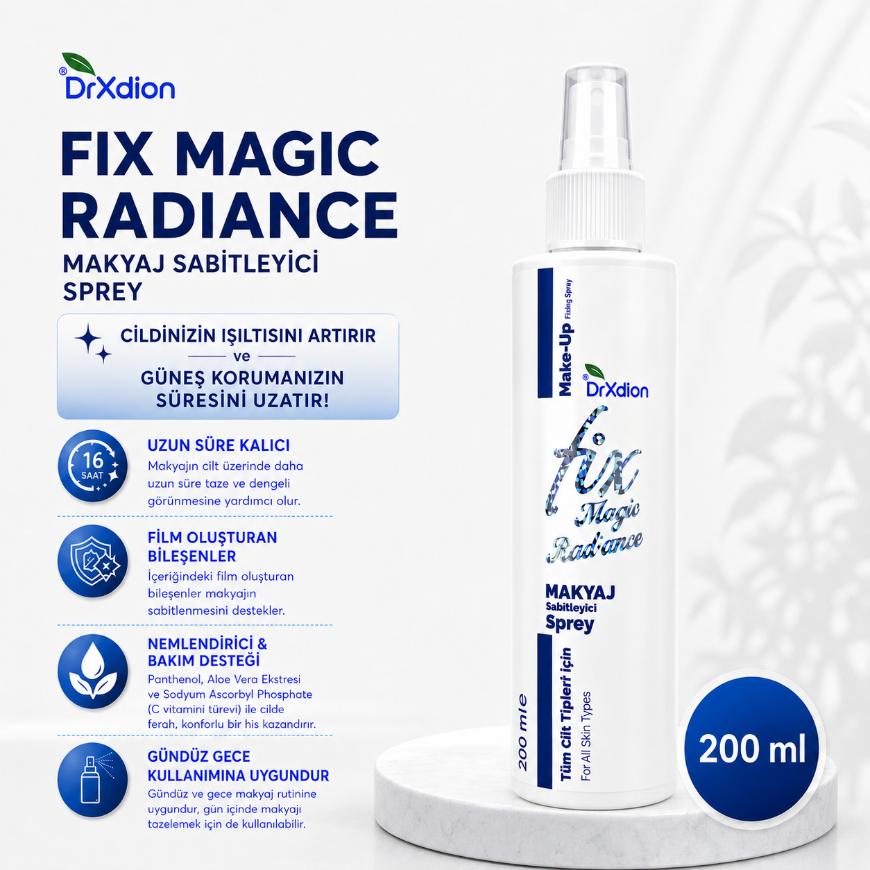 DrXdion Fix Magic Radiance Makyaj Sabitleyici Sprey – Uzun Süre Kalıcılık & Ferah His – Tüm Cilt Tipleri – 200 ml