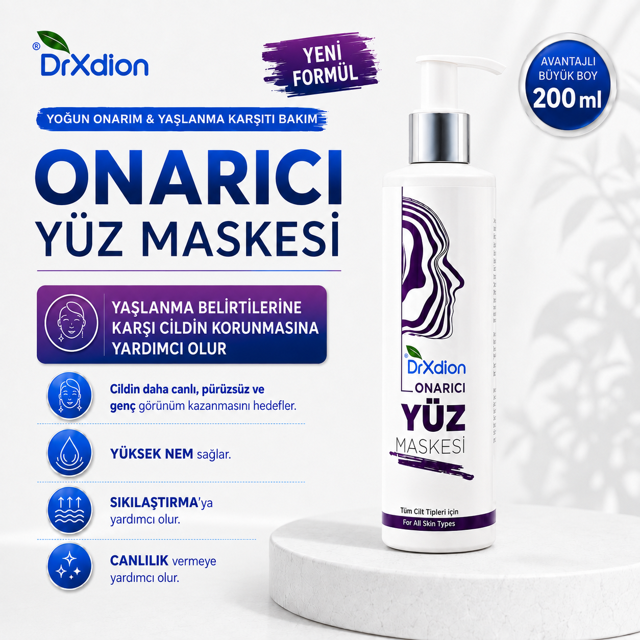DrXdion Onarıcı Yüz Maskesi Ölmez Çiçeği, Niacinamide, Kolajen, Hyaluronic Asit (200 ml)