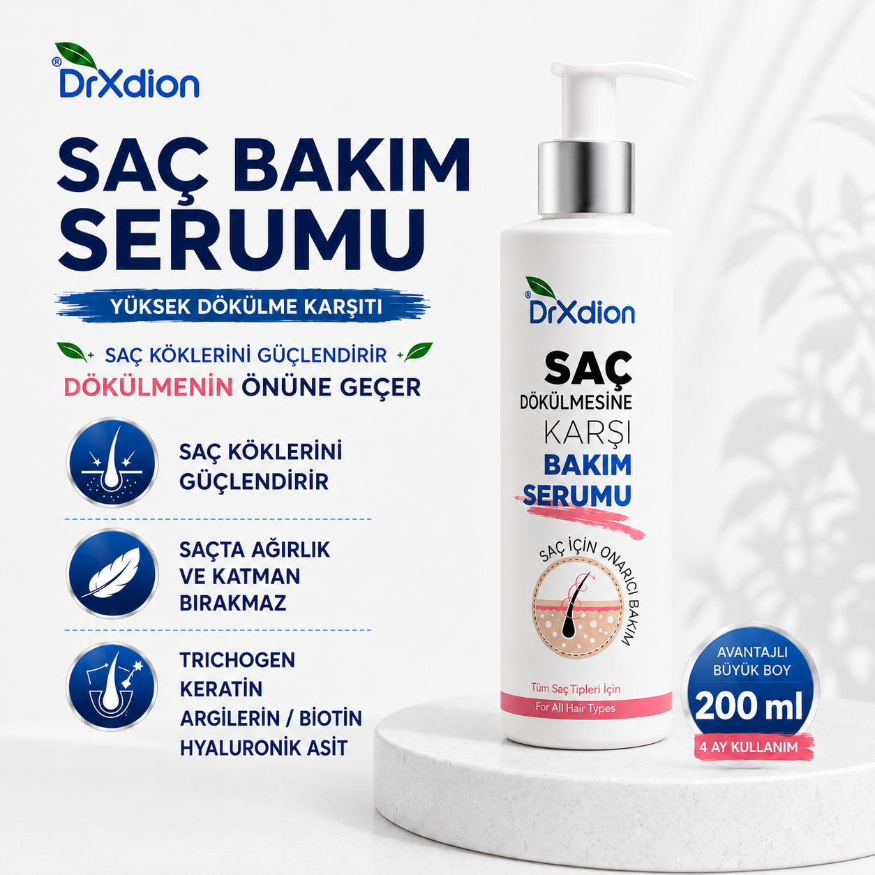 DrXdion Yüksek Dökülme Karşıtı Keratin, Biyotin,  Panthenol , Ginseng içeren Saç Bakım Serumu (200 ml)