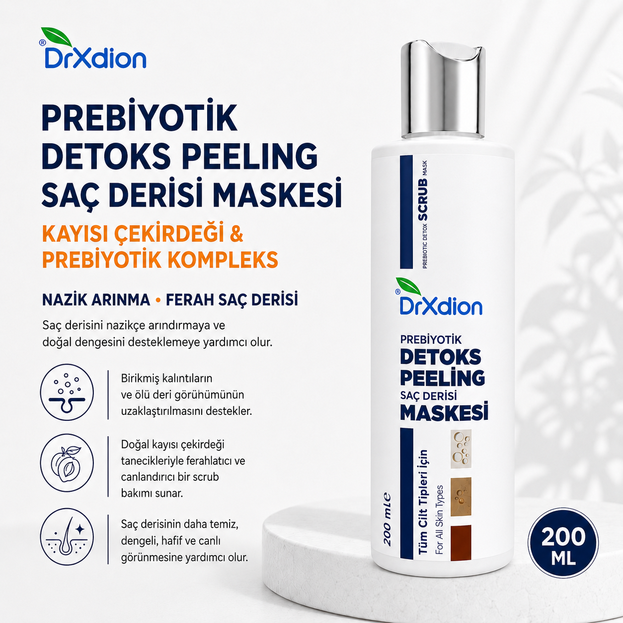 DrXdion Prebiyotik Detoks Peeling Saç Derisi Maskesi – Kayısı Çekirdeği & Prebiyotik Kompleks – Tüm Saç Tipleri – 200 ml