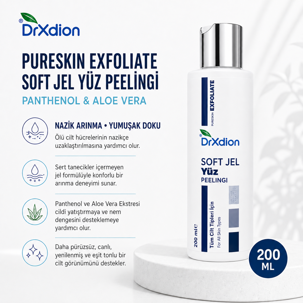 DrXdion PureSkin Exfoliate Soft Jel Yüz Peelingi – Panthenol & Aloe Vera – Tüm Cilt Tipleri – 200 ml