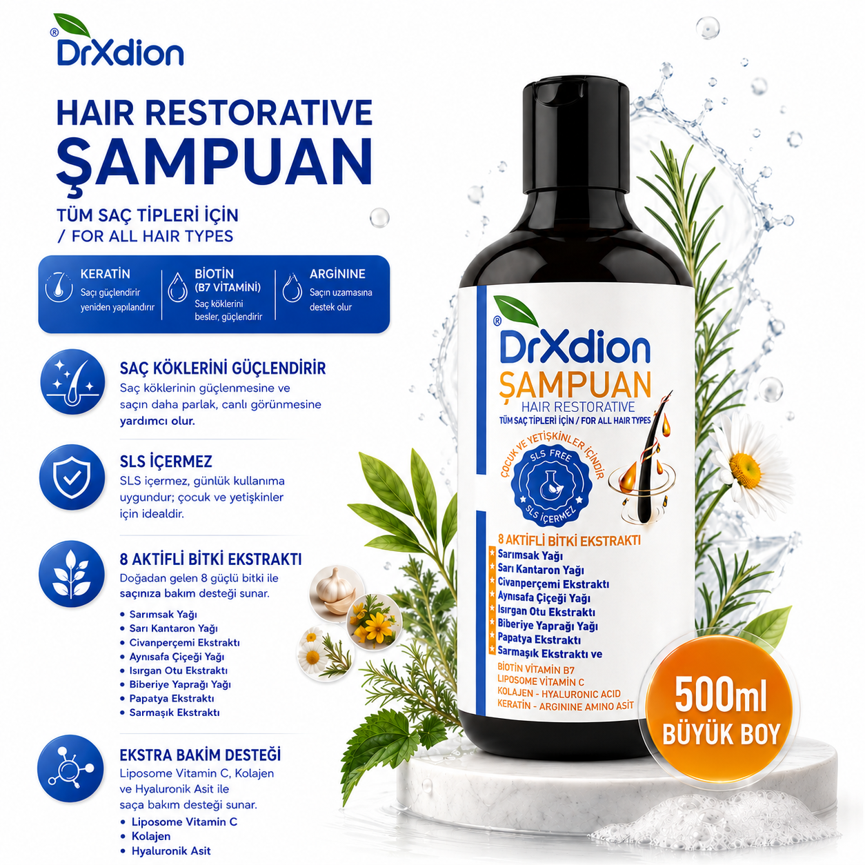 DrXdion Hair Restorative Şampuan – 8 Bitkisel Aktif + Keratin, Biotin & Arginine – SLS İçermez – Tüm Saç Tipleri – 500 ml