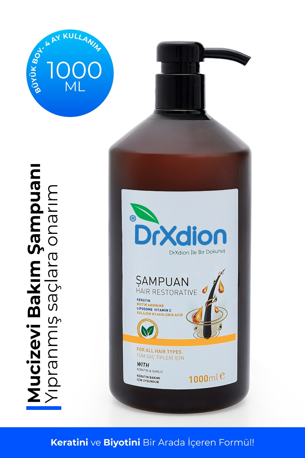DrXdion Yüksek Dökülme Karşıtı Biyotin, Keratin, Arginine, Kolajen, Hyaloronoig Acid İçeren Şampuan (1000 ml)