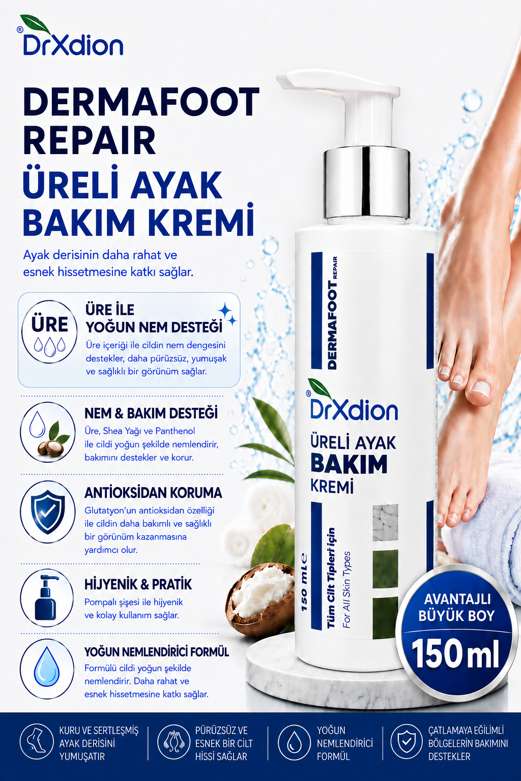 DrXdion Dermafoot Repair Üreli Ayak Bakım Kremi – Üre, Shea Yağı & Panthenol – Kuru ve Çatlak Ayaklar İçin – 150 ml