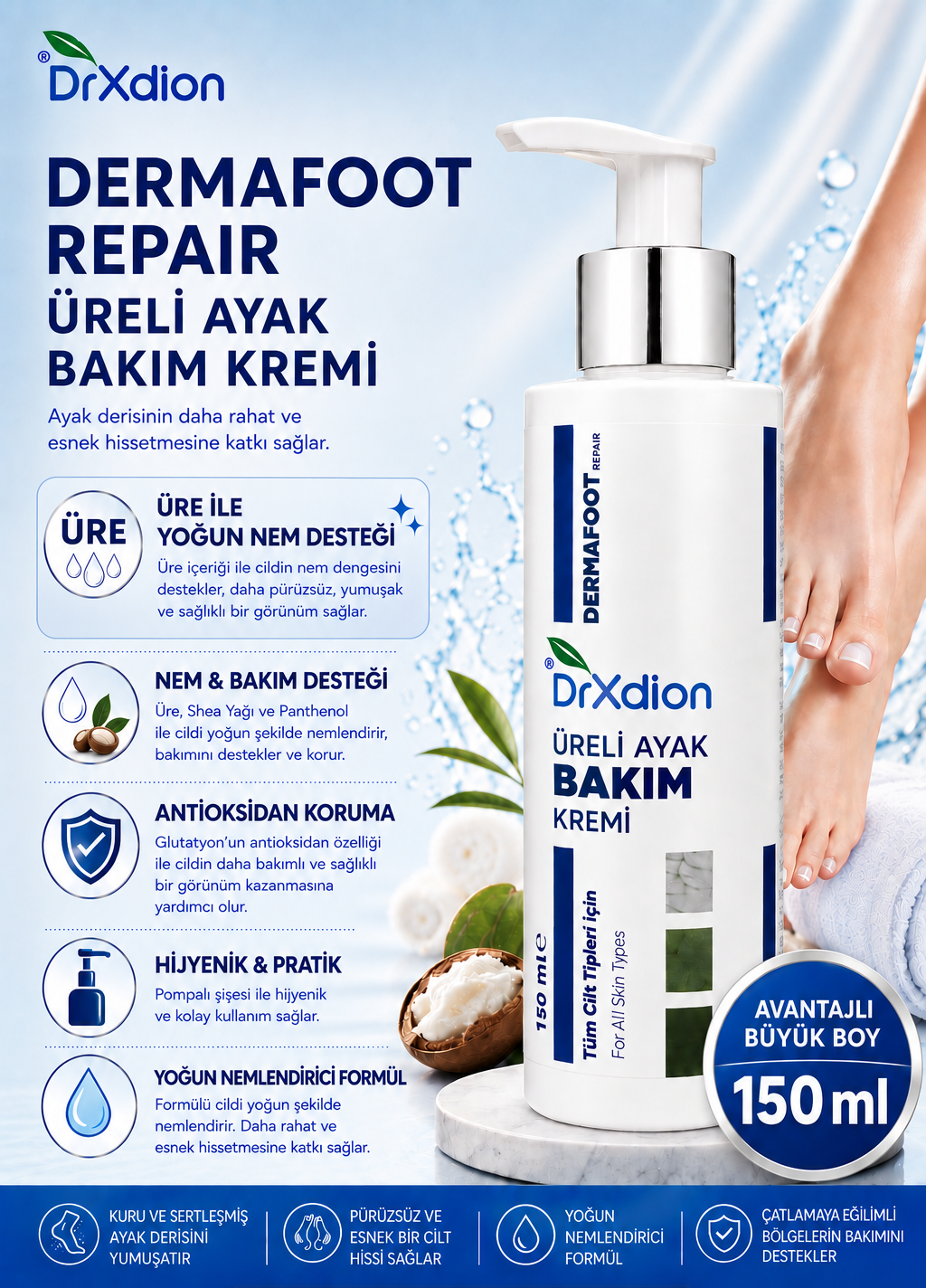 DrXdion Dermafoot Repair Üreli Ayak Bakım Kremi – Üre, Shea Yağı & Panthenol – Kuru ve Çatlak Ayaklar İçin – 150 ml