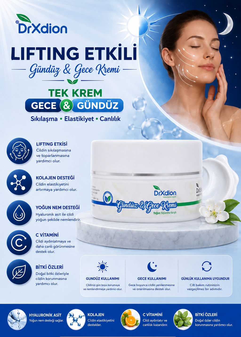 DrXdion Lifting Etkili Gündüz & Gece Kremi Yoğun Yaşlanma Karşıtı Kolajen, Hyaluronic Asit, Vitamin C 100ml