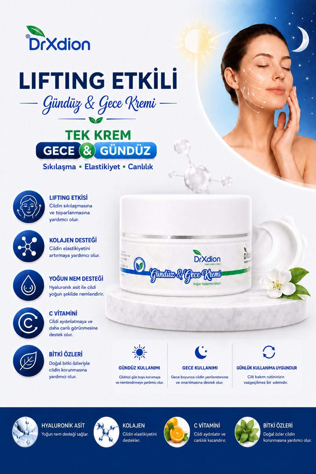 DrXdion Lifting Etkili Gündüz & Gece Kremi Yoğun Yaşlanma Karşıtı Kolajen, Hyaluronic Asit, Vitamin C 100ml
