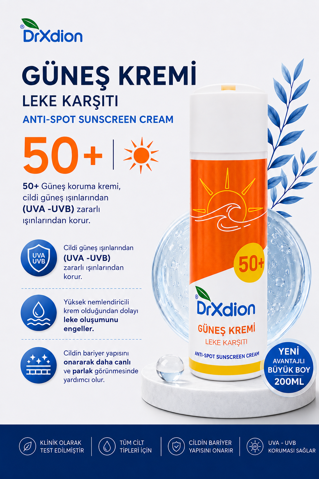 DrXdion Güneş Koruma Kremi 50+ SPF UVA/UVB Koruyucu, Yoğun Nemlendirici, Leke Karşıtı Bitkisel Formül (200 ml)