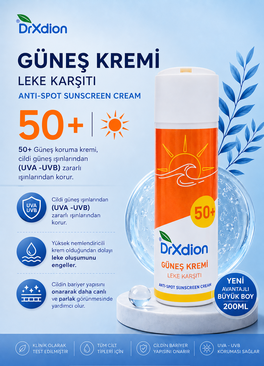 DrXdion Güneş Koruma Kremi 50+ SPF UVA/UVB Koruyucu, Yoğun Nemlendirici, Leke Karşıtı Bitkisel Formül (200 ml)