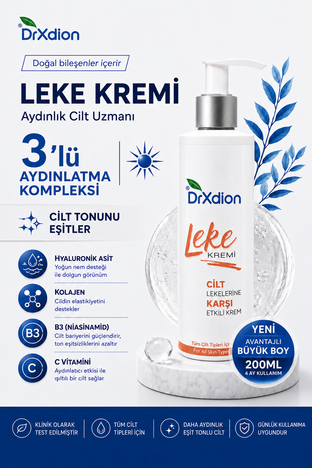 DrXdion Leke Karşıtı Aydınlatıcı Krem Niacinamide, Arbutin Vitamin C, Kojic Asit, Ferulic Asit (200 ml)