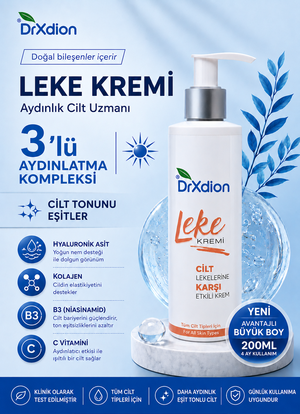 DrXdion Leke Karşıtı Aydınlatıcı Krem Niacinamide, Arbutin Vitamin C, Kojic Asit, Ferulic Asit (200 ml)