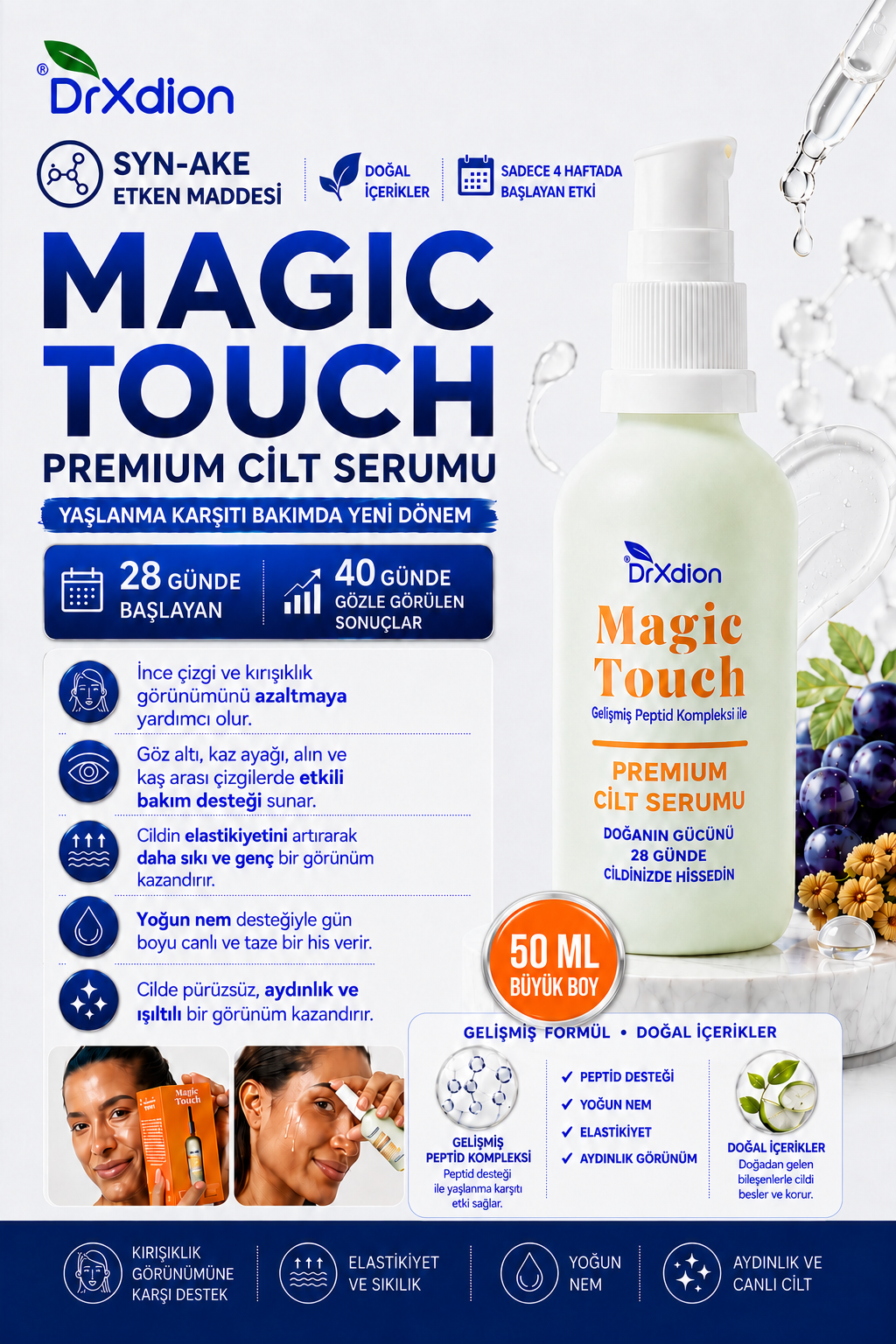 DrXdion Magic Touch Yaşlanma Karşıtı Serum Syn-Ake, Argireline, Kolajen Gelişmiş Peptid Teknolojisi (50ml)