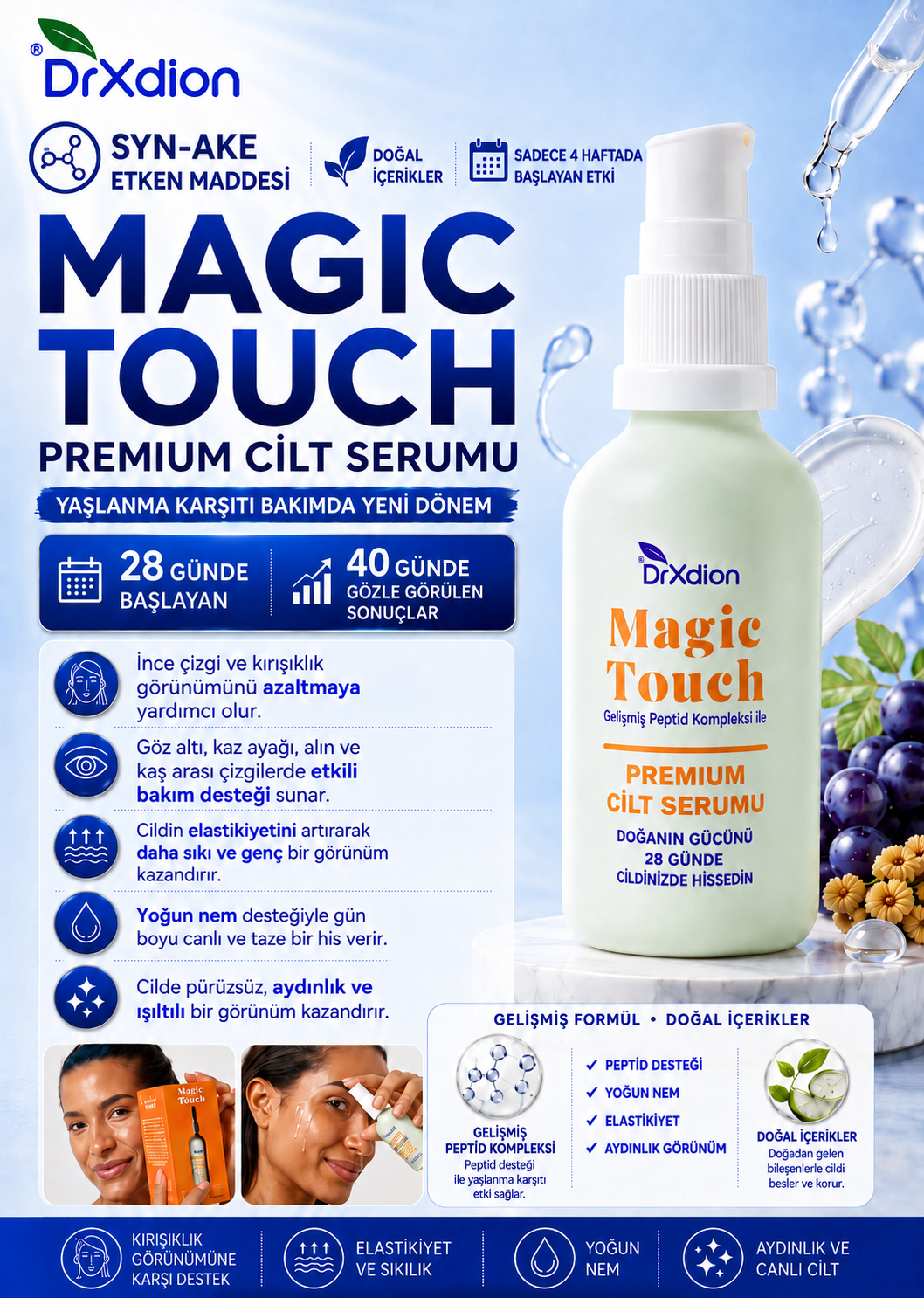 DrXdion Magic Touch Yaşlanma Karşıtı Serum Syn-Ake, Argireline, Kolajen Gelişmiş Peptid Teknolojisi (50ml)