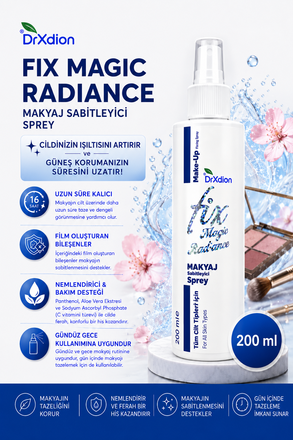 DrXdion Fix Magic Radiance Makyaj Sabitleyici Sprey – Uzun Süre Kalıcılık & Ferah His – Tüm Cilt Tipleri – 200 ml