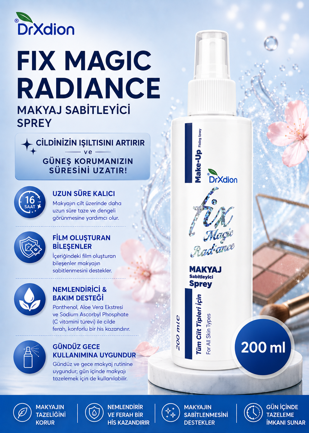 DrXdion Fix Magic Radiance Makyaj Sabitleyici Sprey – Uzun Süre Kalıcılık & Ferah His – Tüm Cilt Tipleri – 200 ml
