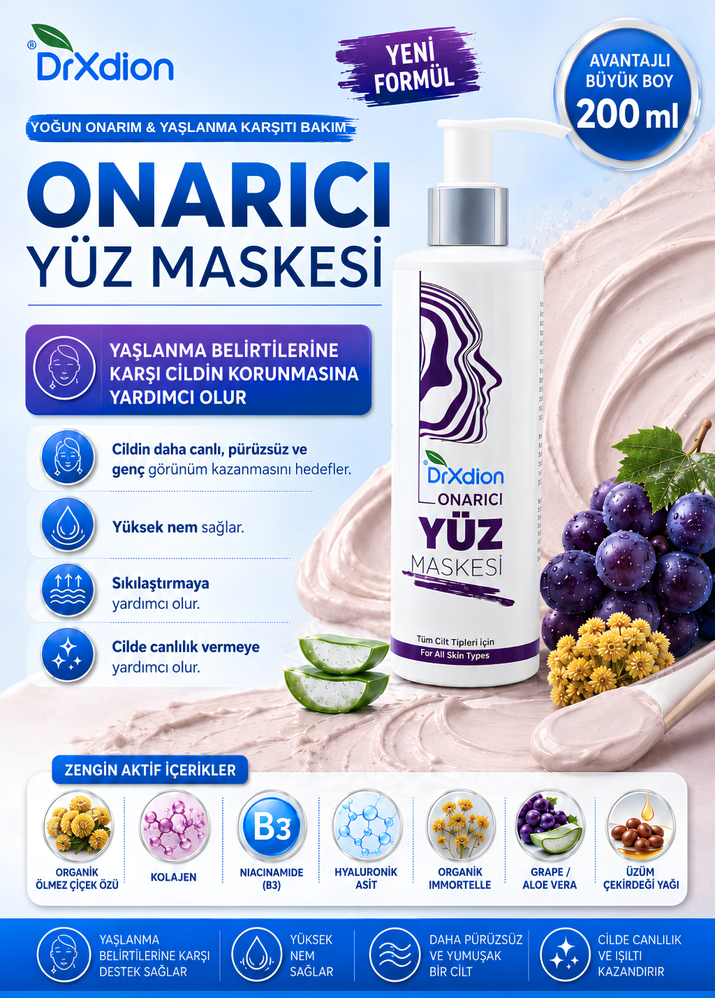 DrXdion Onarıcı Yüz Maskesi Ölmez Çiçeği, Niacinamide, Kolajen, Hyaluronic Asit (200 ml)