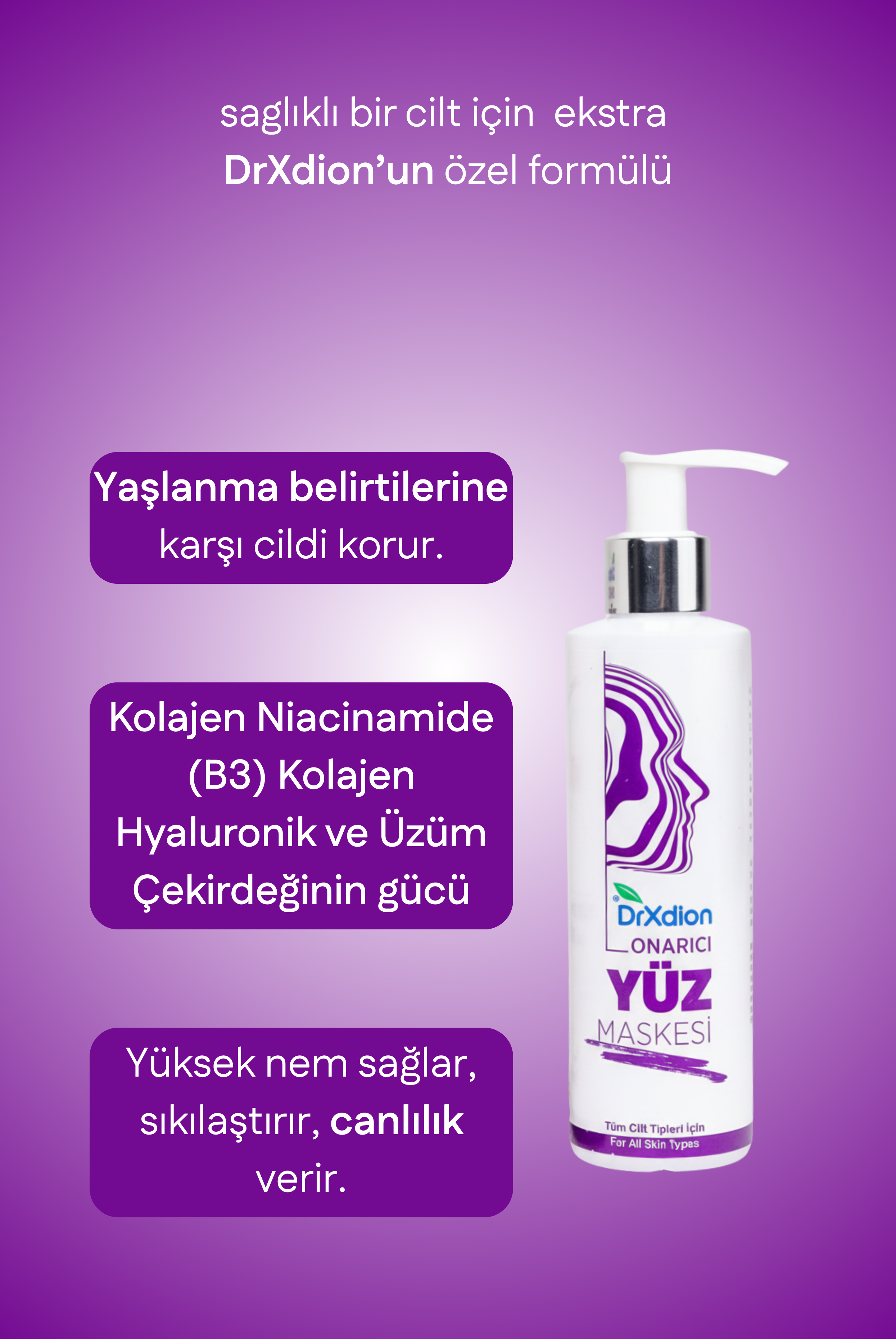 DrXdion Onarıcı Yüz Maskesi Ölmez Çiçeği, Niacinamide, Kolajen, Hyaluronic Asit (200 ml)