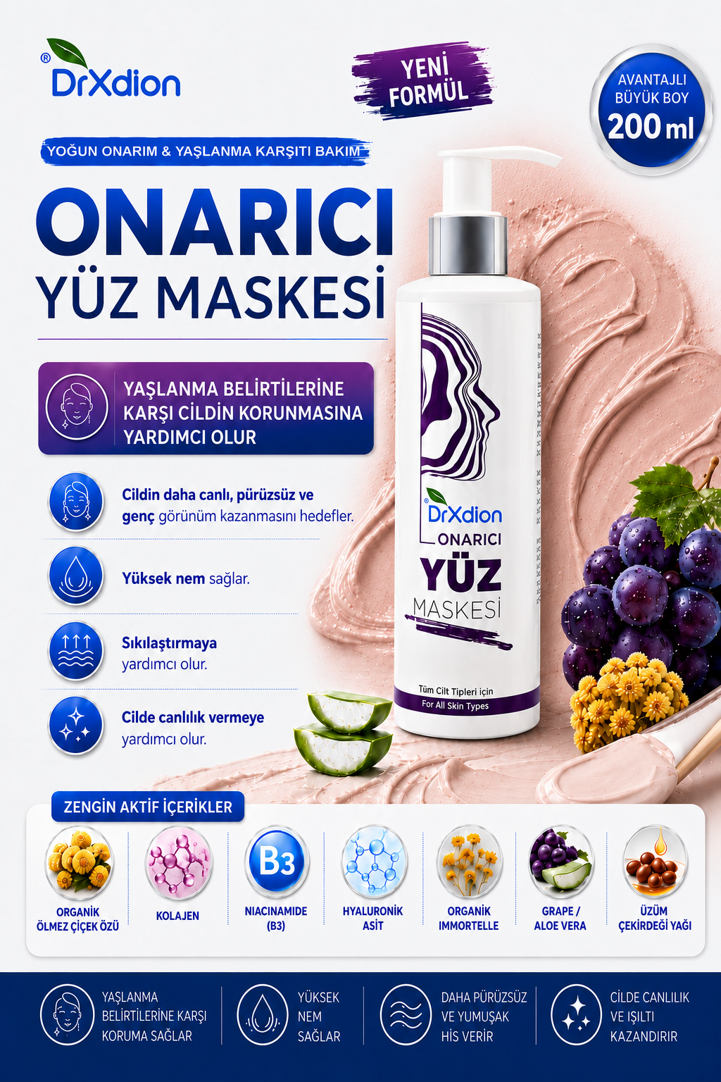 DrXdion Onarıcı Yüz Maskesi Ölmez Çiçeği, Niacinamide, Kolajen, Hyaluronic Asit (200 ml)