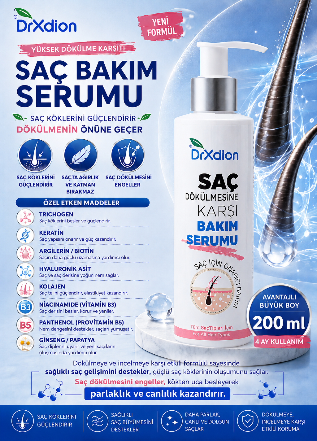DrXdion Yüksek Dökülme Karşıtı Keratin, Biyotin,  Panthenol , Ginseng içeren Saç Bakım Serumu (200 ml)