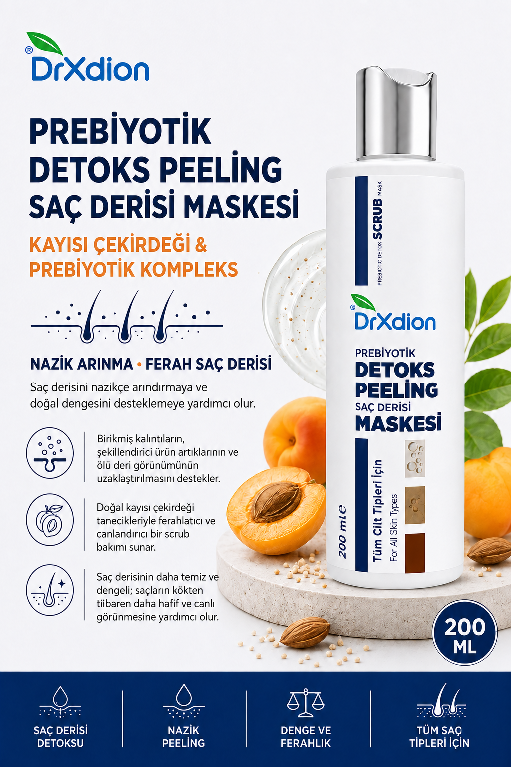 DrXdion Prebiyotik Detoks Peeling Saç Derisi Maskesi – Kayısı Çekirdeği & Prebiyotik Kompleks – Tüm Saç Tipleri – 200 ml