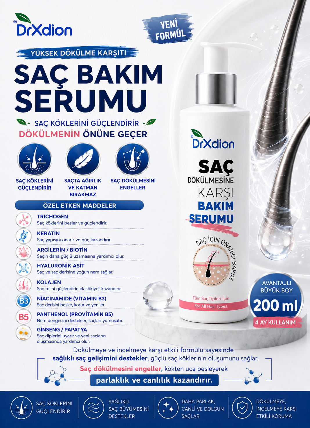 DrXdion Yüksek Dökülme Karşıtı Keratin, Biyotin,  Panthenol , Ginseng içeren Saç Bakım Serumu (200 ml)