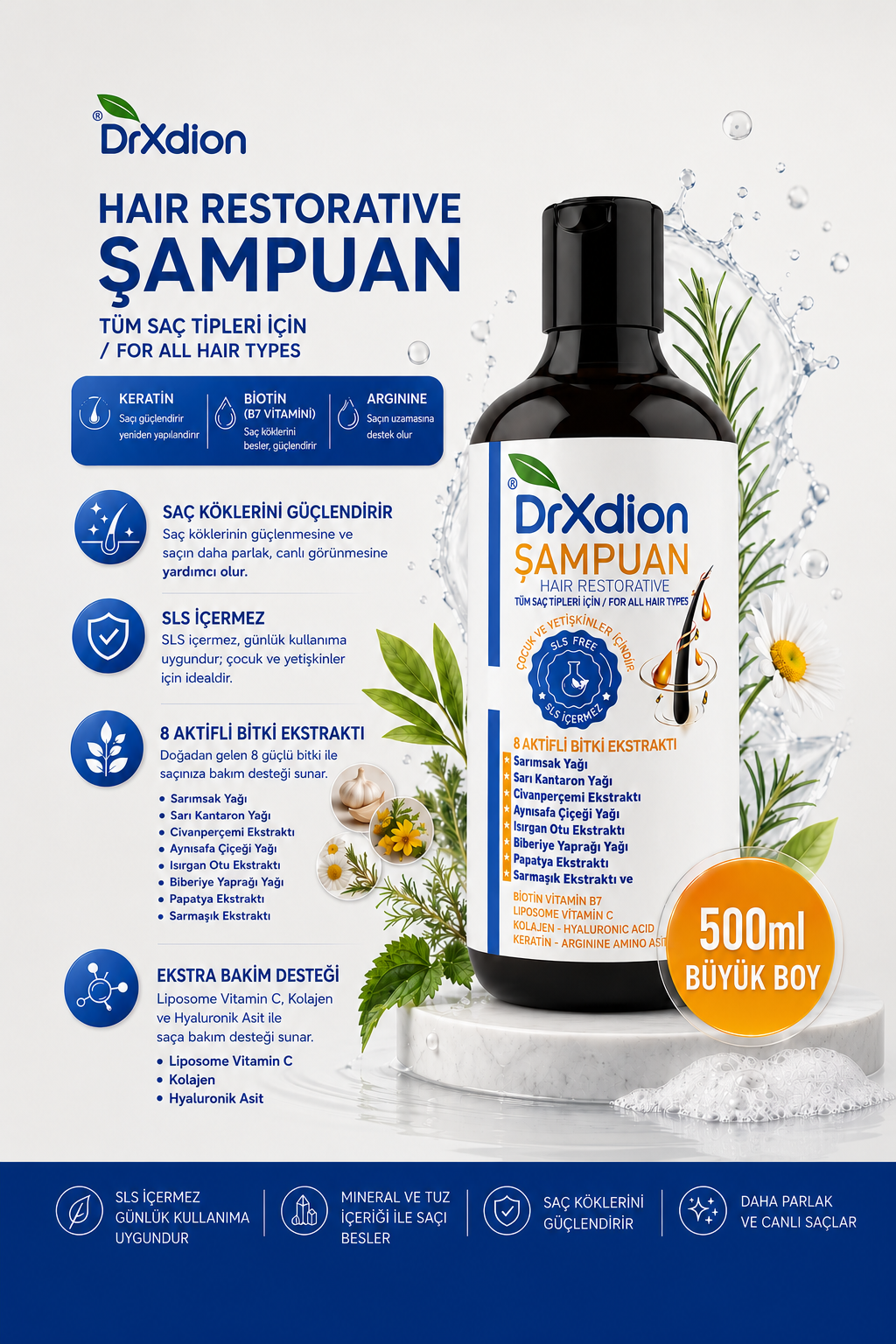DrXdion Hair Restorative Şampuan – 8 Bitkisel Aktif + Keratin, Biotin & Arginine – SLS İçermez – Tüm Saç Tipleri – 500 ml