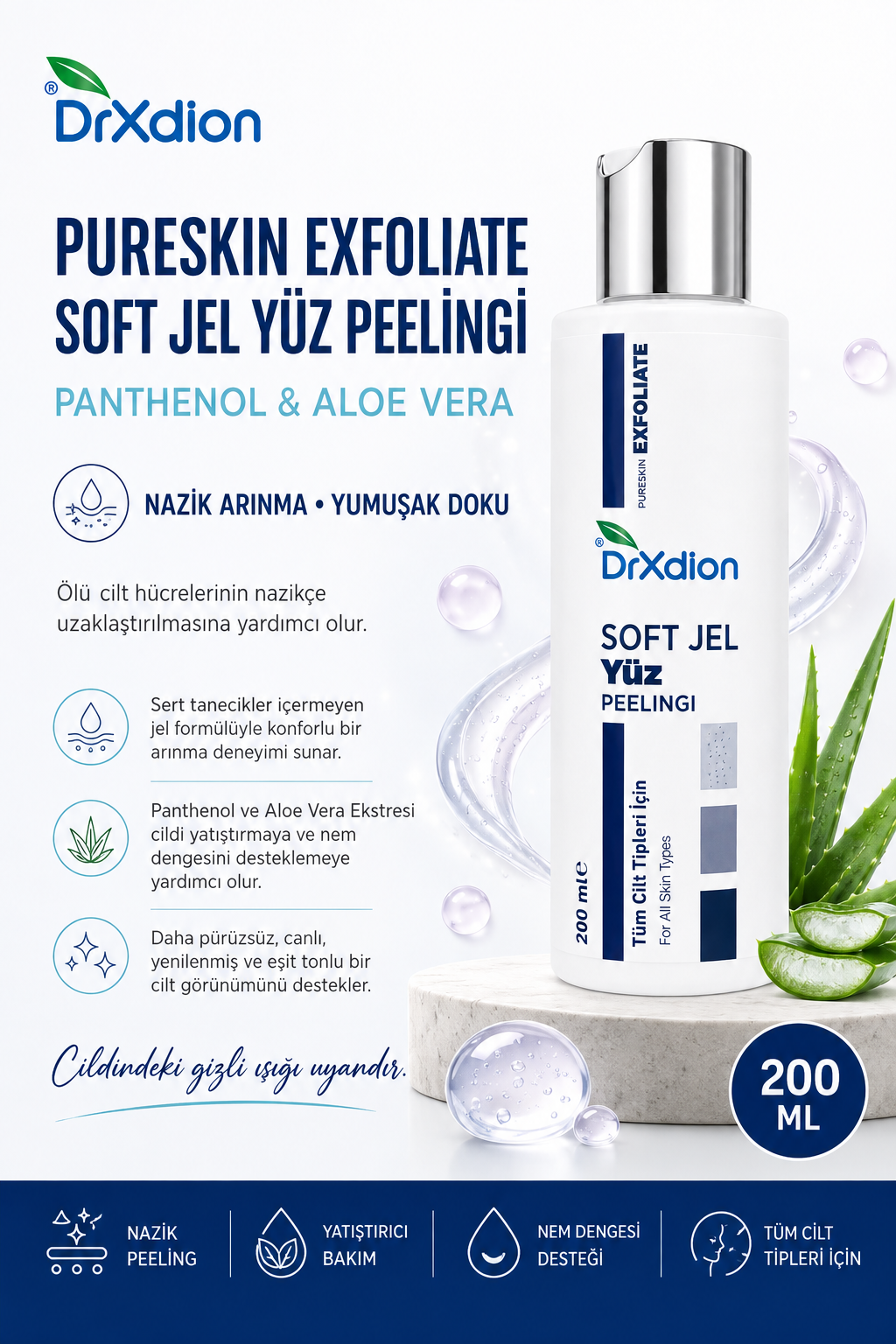 DrXdion PureSkin Exfoliate Soft Jel Yüz Peelingi – Panthenol & Aloe Vera – Tüm Cilt Tipleri – 200 ml
